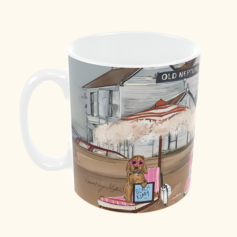 Dogs of Whitstable V2 collector's mug by LRM Studio – side view with beach hut design