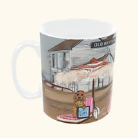 Dogs of Whitstable V2 collector's mug by LRM Studio – side view with beach hut design