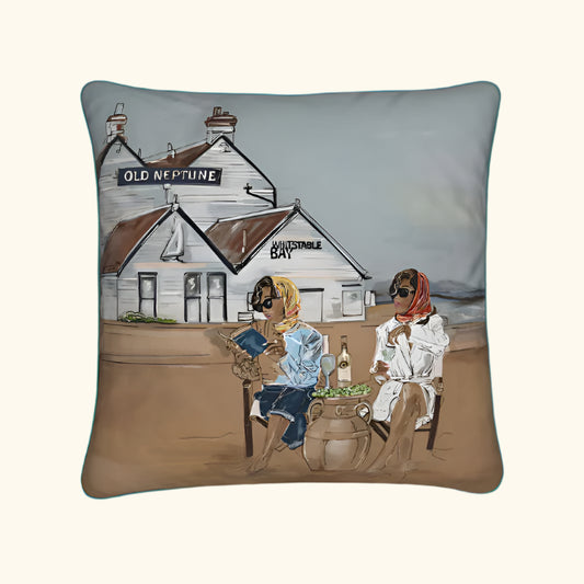 Pillow with a painting of two people sitting at a table in front of a pub named 'Old Neptune'.