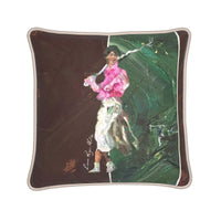 Lady Golfer silk cushion by The LRM Studio – front view, female golfer art