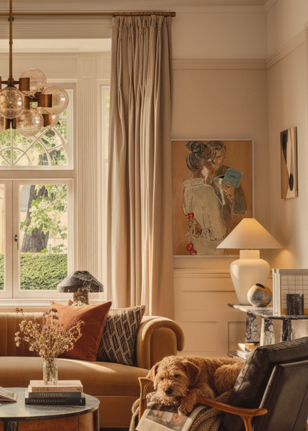 Cozy living room with a dog on a chair, books, and decorative items.