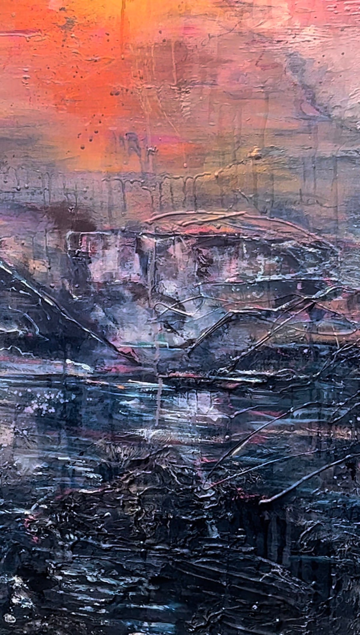 Textured abstract landscape of Table Mountain with dark blues and glowing sunset hues in pink and orange