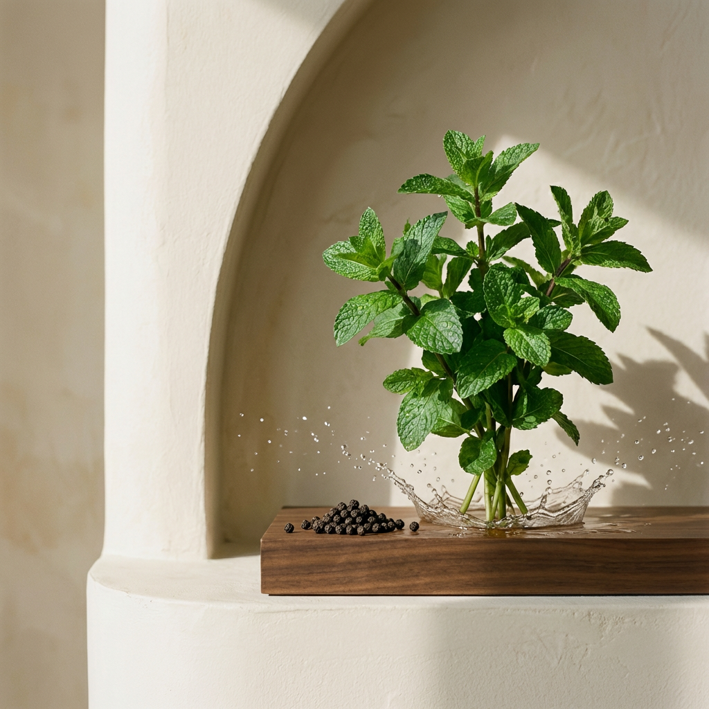 Bouquet of green leaves on a wooden surface with a neutral background