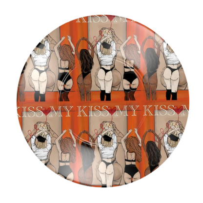 Close-up of Kiss My artwork on bone china cup — bold female forms, vibrant colours, fine art design by Lauren Rogers-Martin, handmade in the UK.