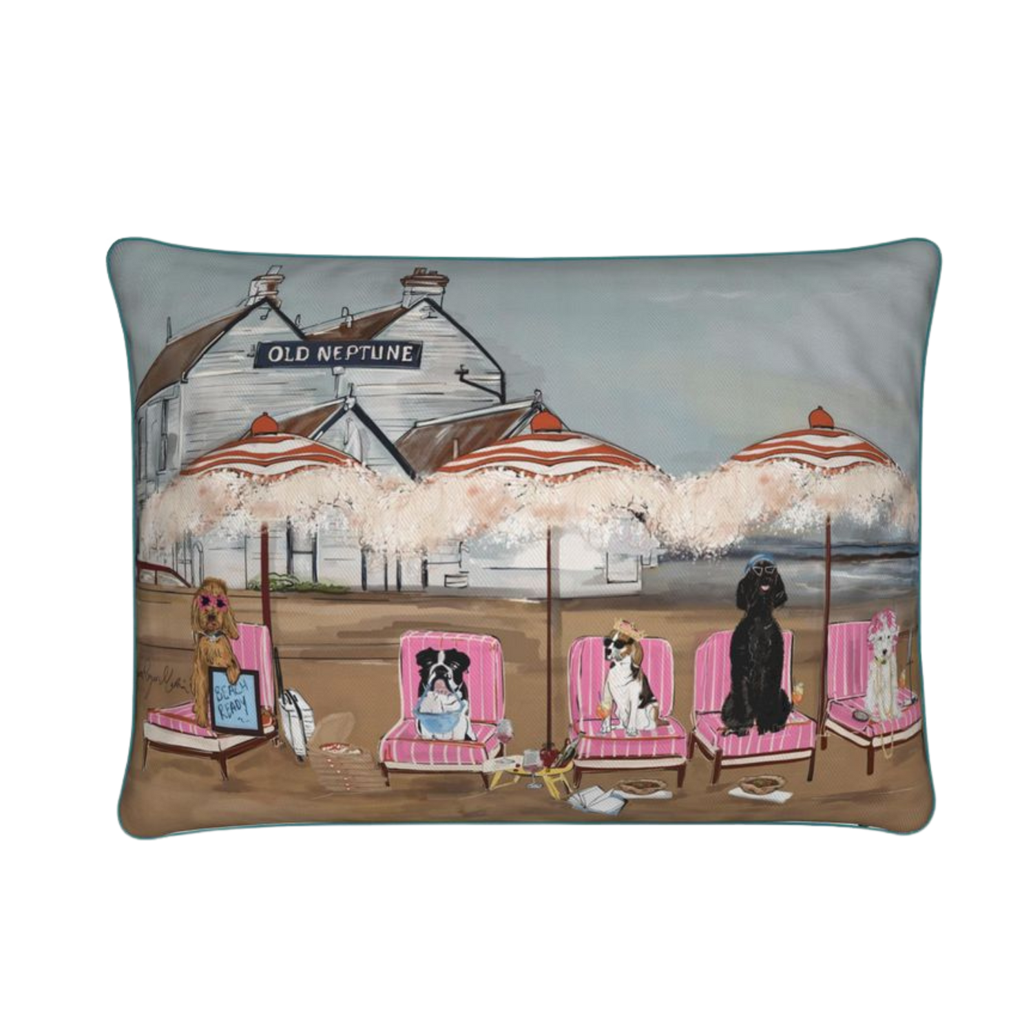 Decorative pillow with a beach scene featuring dogs in chairs and a pub named 'Old Neptune'.