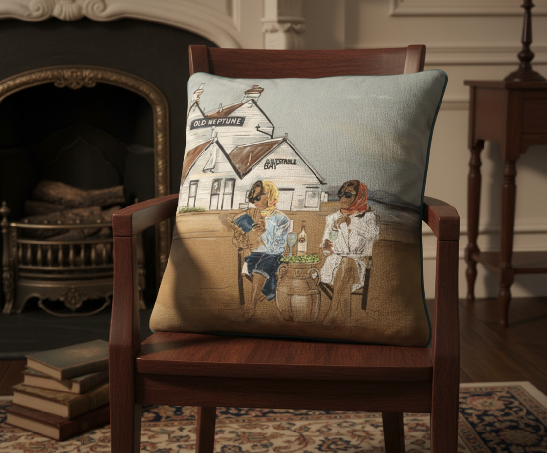 Friendship luxury cushion by LRM Studio – Old Neptune pub scene Whitstable art cushion
