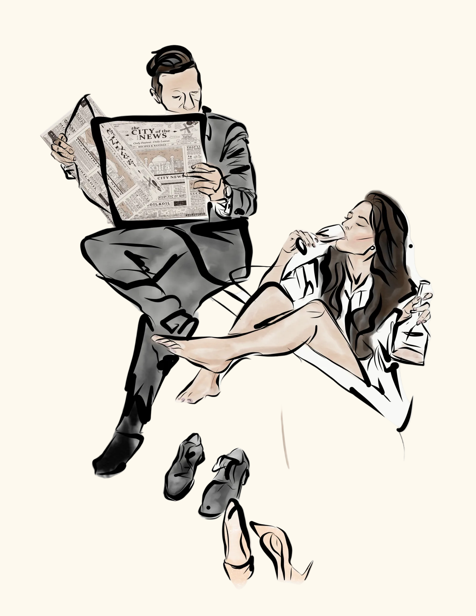 A stylized illustration of a man in a suit reading a newspaper while sitting on a woman who is applying makeup and holding a phone. The drawing uses black, gray, beige, and white tones with a small pink signature at the bottom.