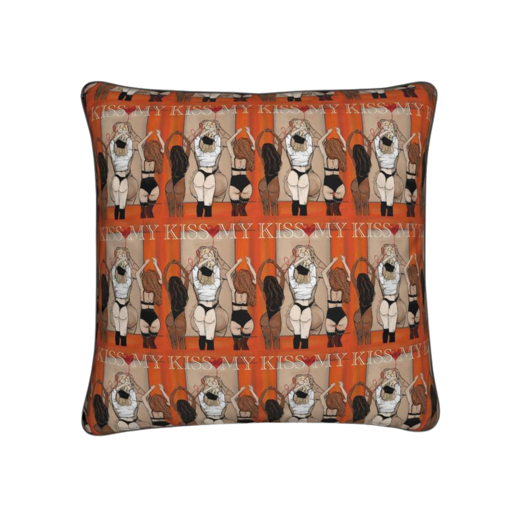 Decorative pillow with repeated design of a woman in underwear and text on an orange background.