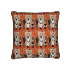 Decorative pillow with repeated design of a woman in underwear and text on an orange background.