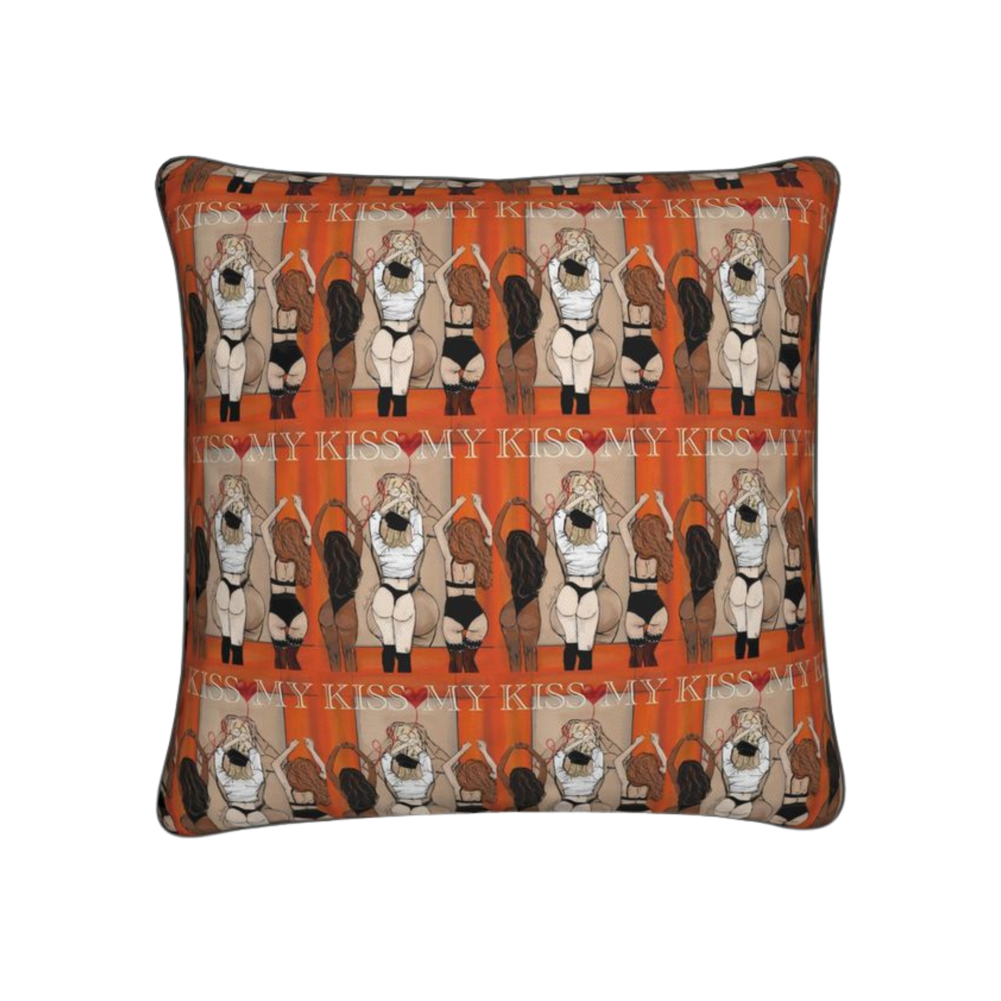 Decorative pillow with repeated design of a woman in underwear and text on an orange background.