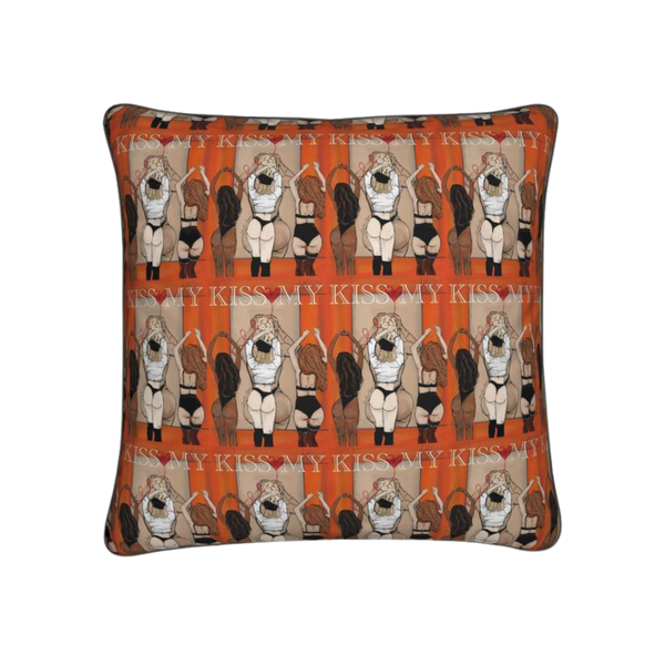 Decorative pillow with repeated design of a woman in underwear and text on an orange background.