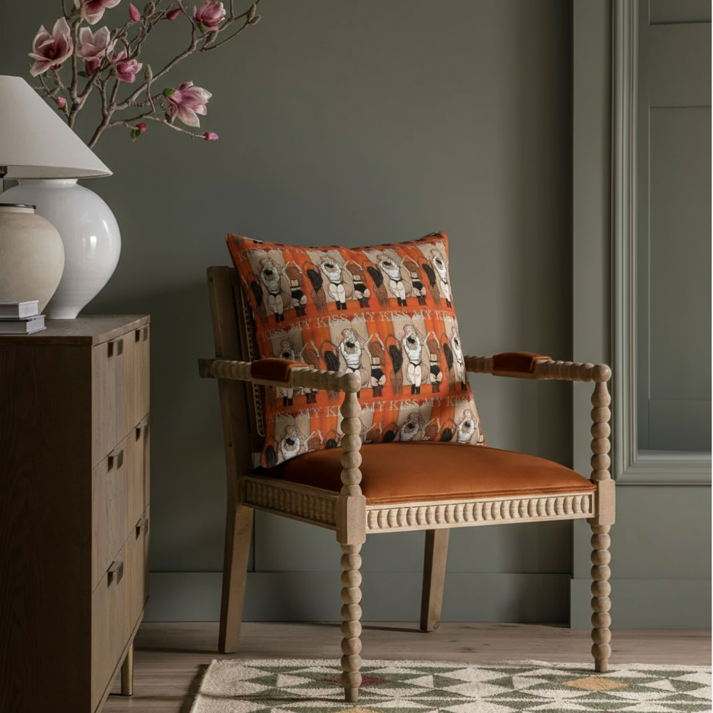 Chair with a patterned orange pillow in a room setting with a lamp and decorative elements.