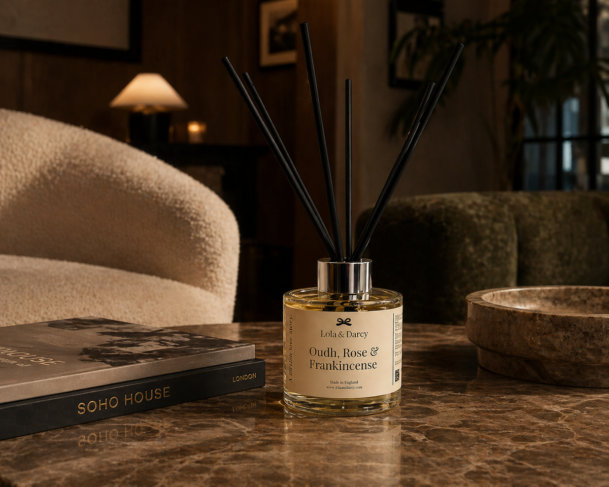 Oudh, Rose & Frankincense reed diffuser product view – The LRM Studio
