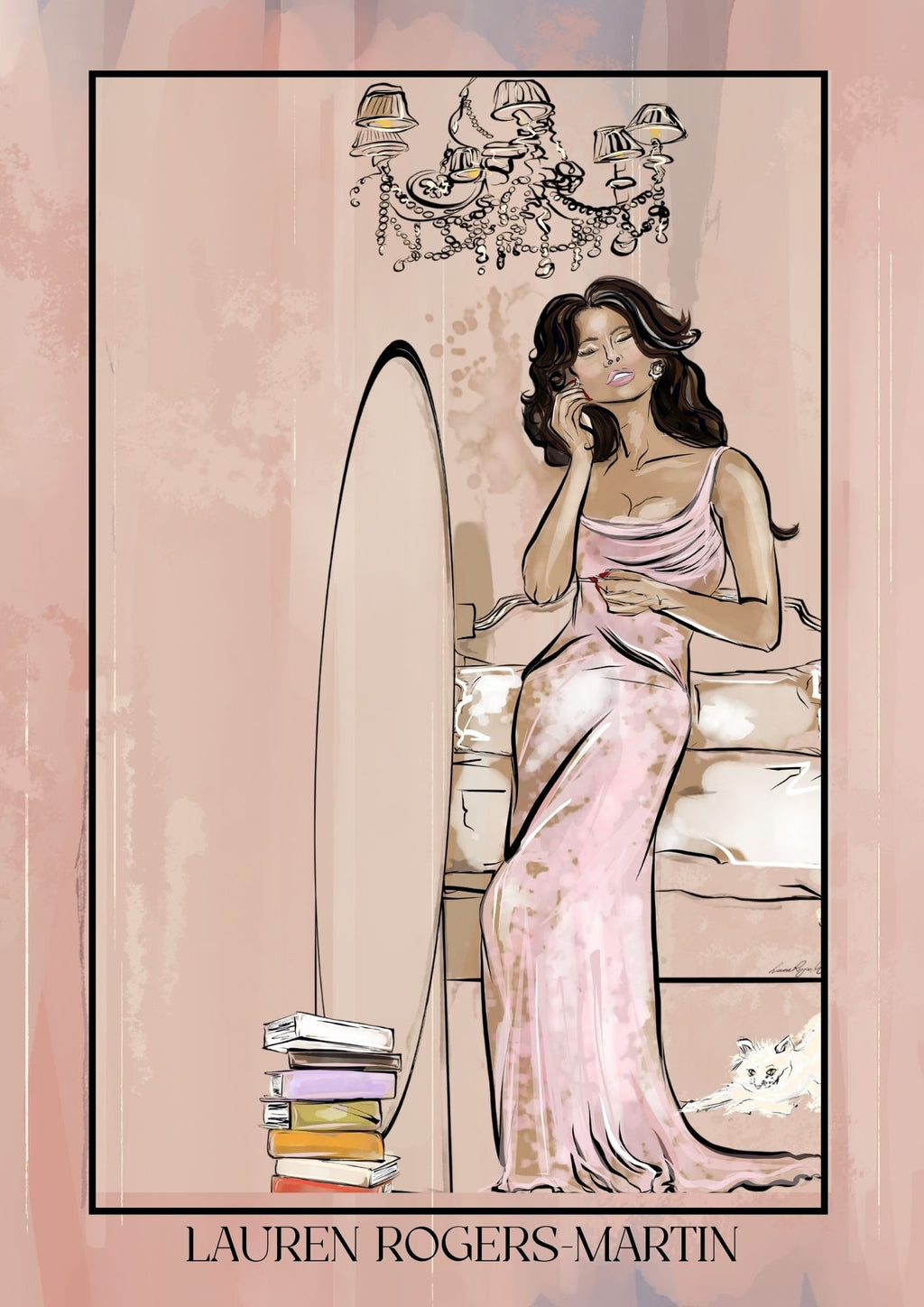 Illustration of a woman in a pink dress sitting on a couch with books and a chandelier in the background, by Lauren Rogers Martin.