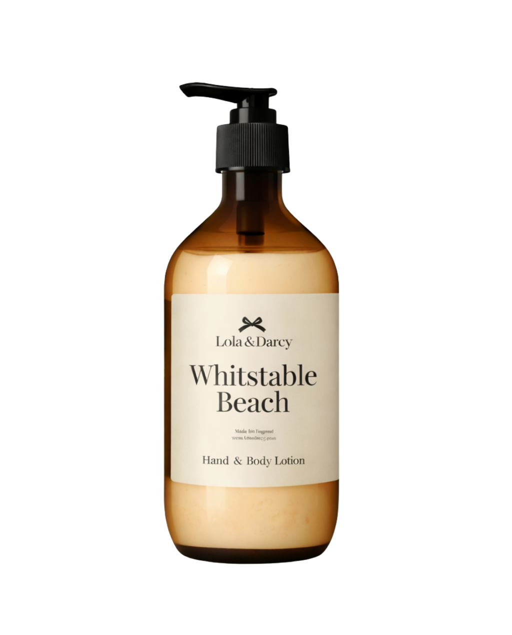 Brown bottle of 'Whitstable Beach' hand & body lotion with pump on a white background