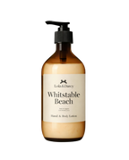 Brown bottle of 'Whitstable Beach' hand & body lotion with pump on a white background