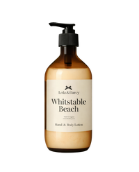 Brown bottle of 'Whitstable Beach' hand & body lotion with pump on a white background
