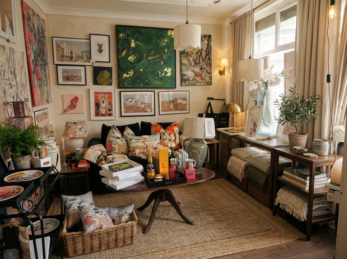 Living room with a cozy atmosphere, featuring a coffee table, couch, and various decorative items.