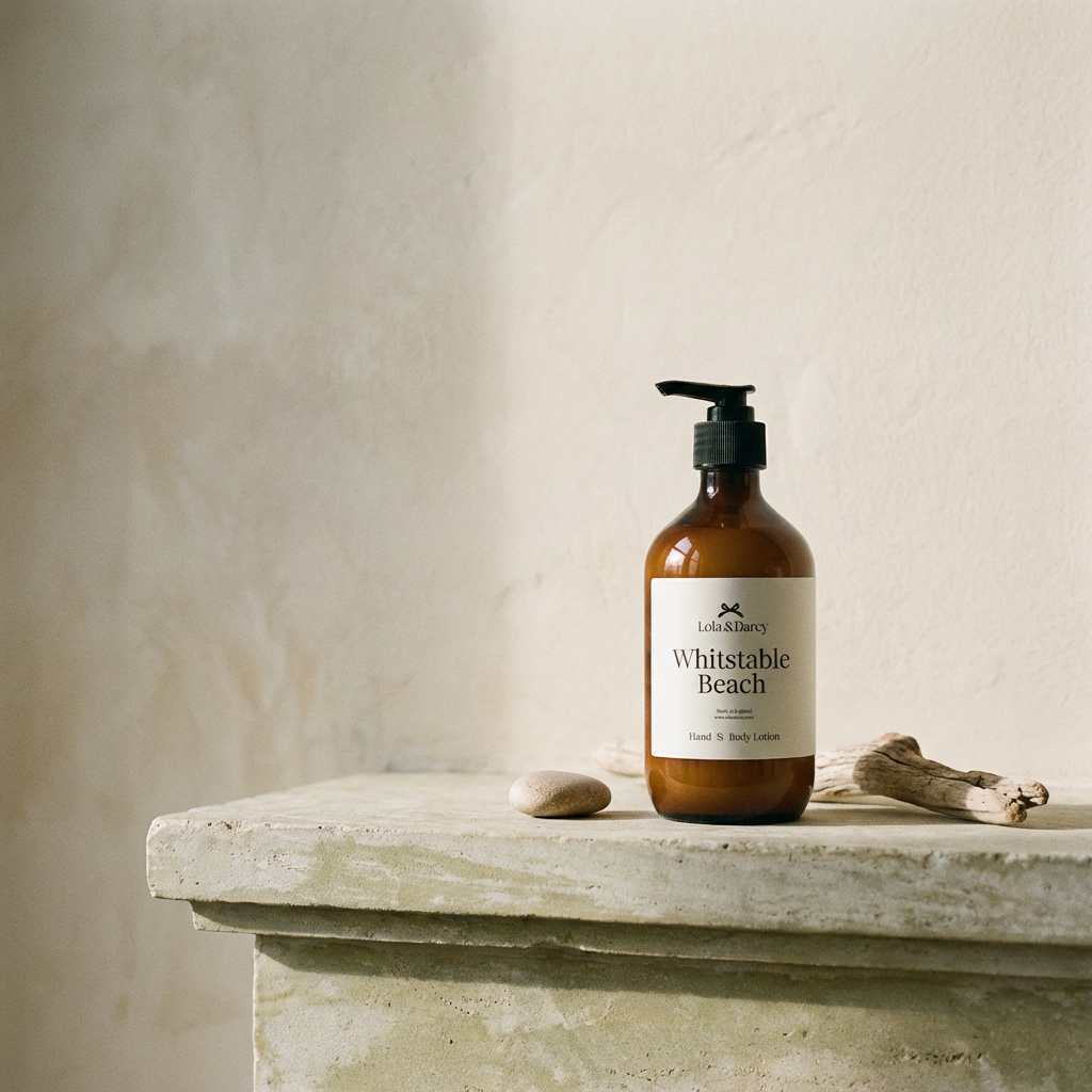 Brown bottle labeled 'Whitstable Beach' on a stone surface with a neutral background