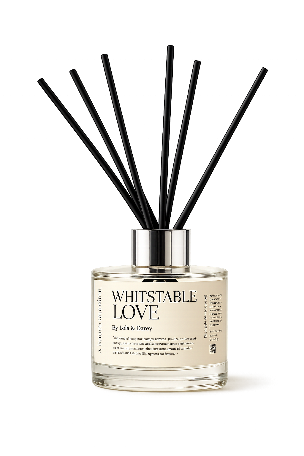 Diffuser bottle labeled 'Whitstable Love' with black reeds on a white background
