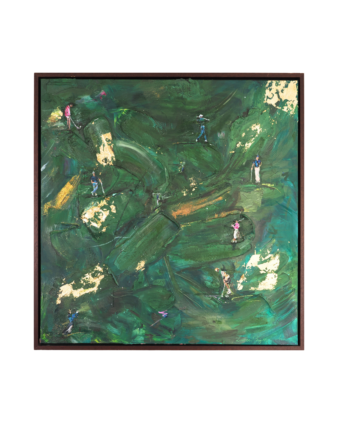 Abstract painting with green and gold tones on a white background Whitstable & Seasalter Golf Club: Girls Play Golf Too – Original Painting on Canvas