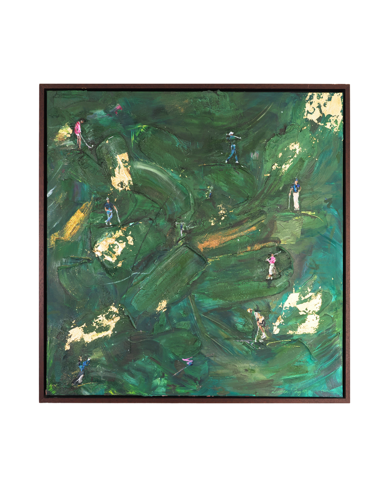 Abstract painting with green and gold tones on a white background Whitstable & Seasalter Golf Club: Girls Play Golf Too – Original Painting on Canvas