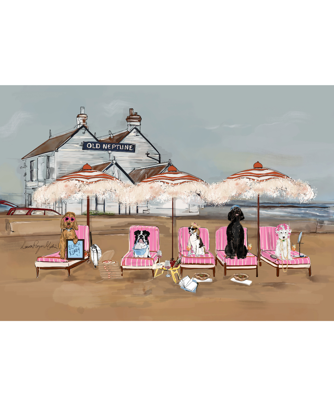 Dogs of Whitstable V2 print by LRM Studio – coastal dog art, unframed