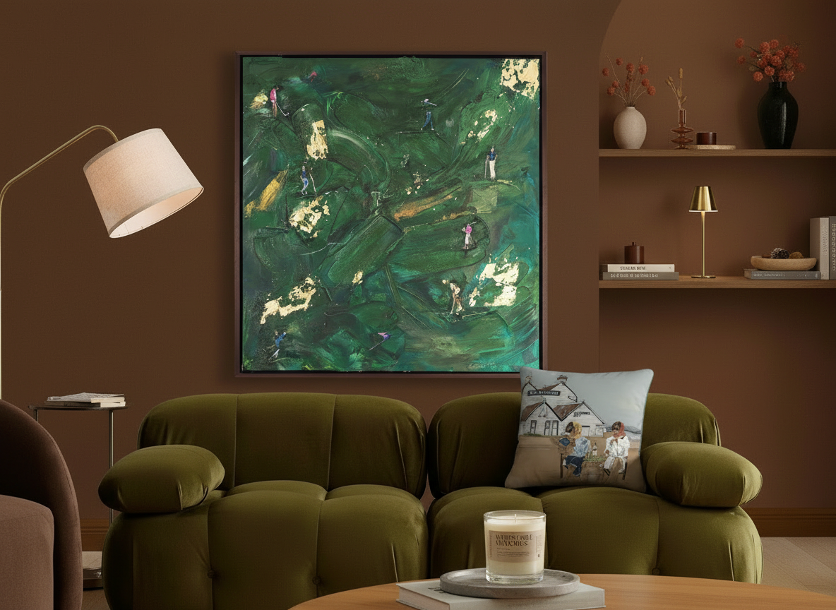Whitstable & Seasalter Golf painting detail – LRM Studio green and gold canvas