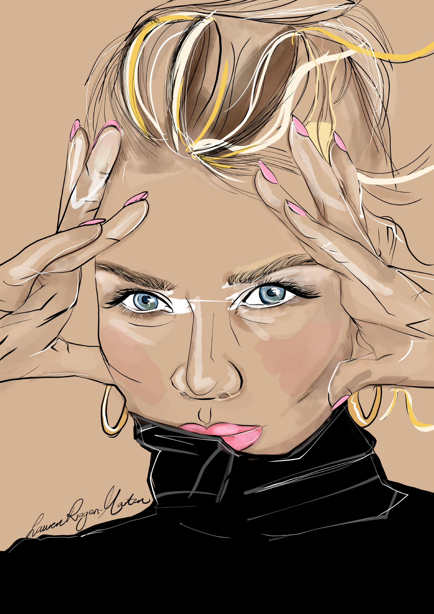 Contemporary female portrait illustration with blue eyes and hands framing face, modern fashion art print by Lauren Rogers-Martin