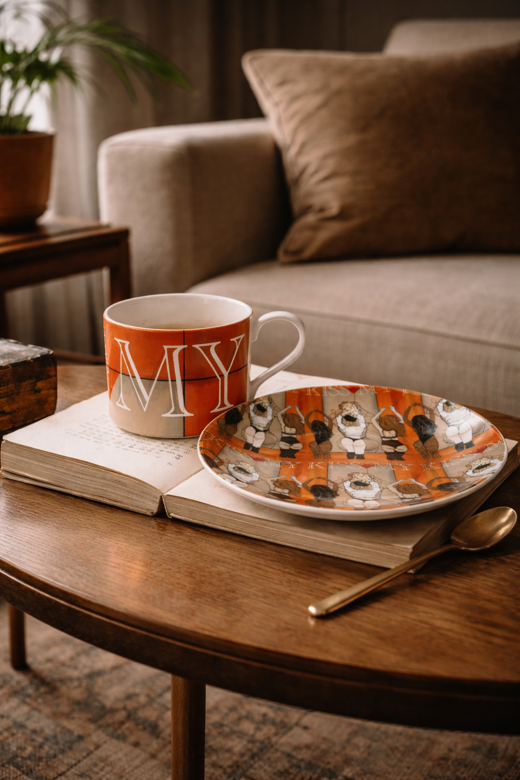 'Kiss My' bone china mug in use – The LRM Studio fine art tableware