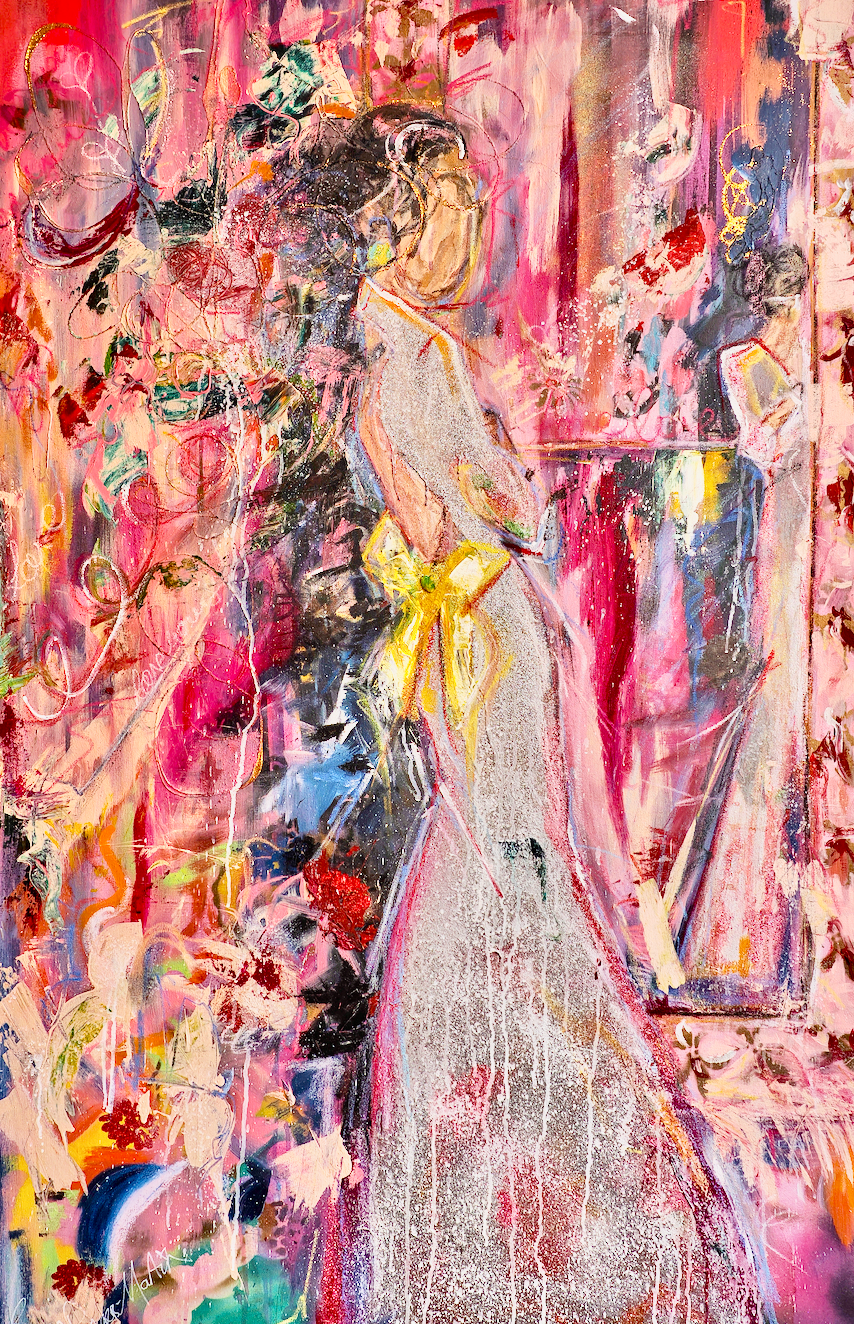 Kitsch-style abstract painting of a woman in a shimmering silver glitter dress, surrounded by expressive pink, red, and gold textures.