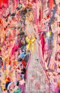 Kitsch-style abstract painting of a woman in a shimmering silver glitter dress, surrounded by expressive pink, red, and gold textures.