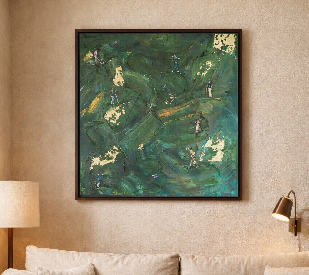 Lauren Rogers-Martin abstract painting in green and gold, 100x100cm artwork displayed in a Soho House inspired interior, contemporary coastal luxury home in Whitstable
