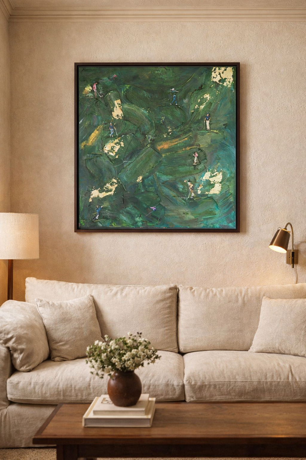 Lauren Rogers-Martin abstract painting in green and gold, 100x100cm artwork displayed in a Soho House inspired interior, contemporary coastal luxury home in Whitstable