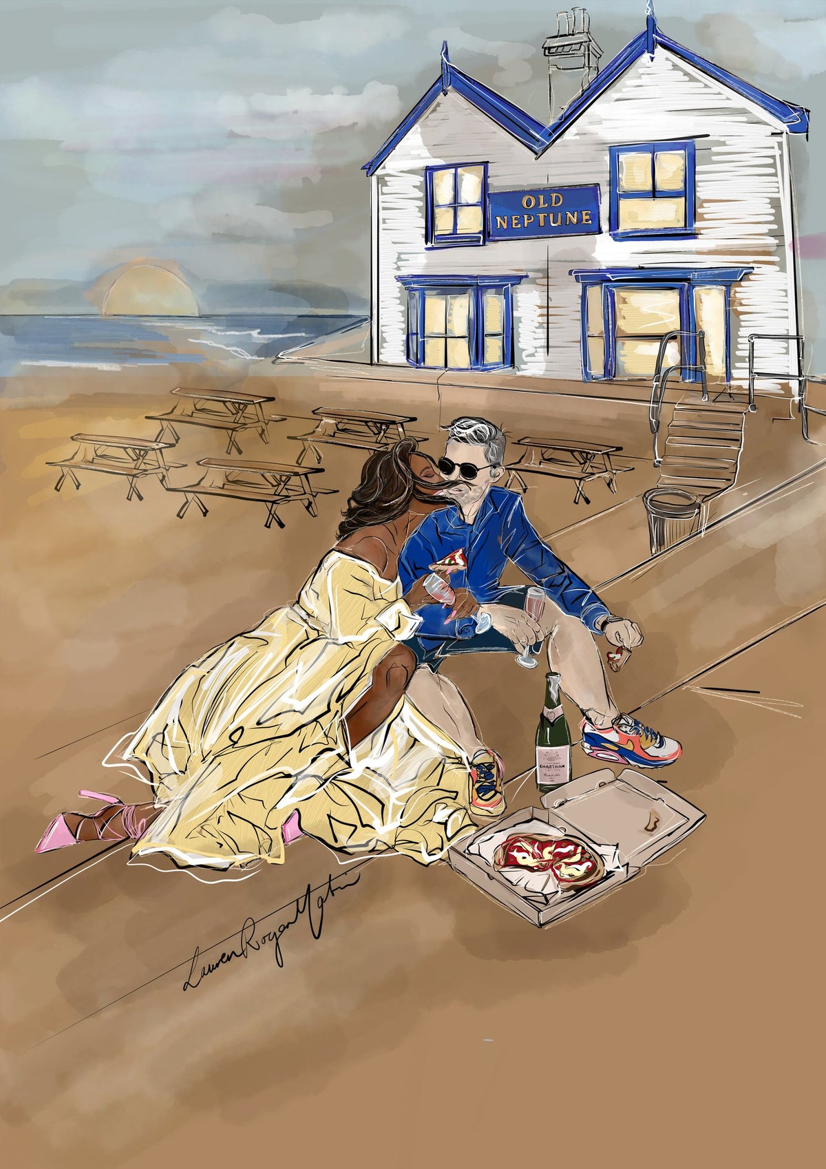 Illustration of a couple sitting on a beach with a restaurant in the background
