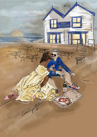 Illustration of a couple sitting on a beach with a restaurant in the background