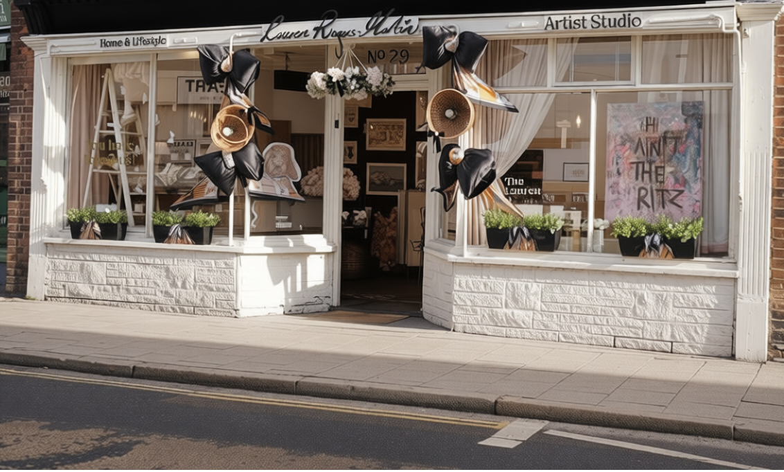Storefront with decorative elements and plants on a seaside street in whitstable Kent