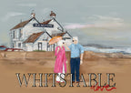 Illustration of a couple walking on a beach with a building labeled 'Old Neptune' in the background, featuring the text 'WHISTABLE'.