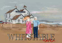 Illustration of a couple walking on a beach with a building labeled 'Old Neptune' in the background, featuring the text 'WHISTABLE'.